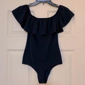 Off the shoulder navy ruffle bodysuit